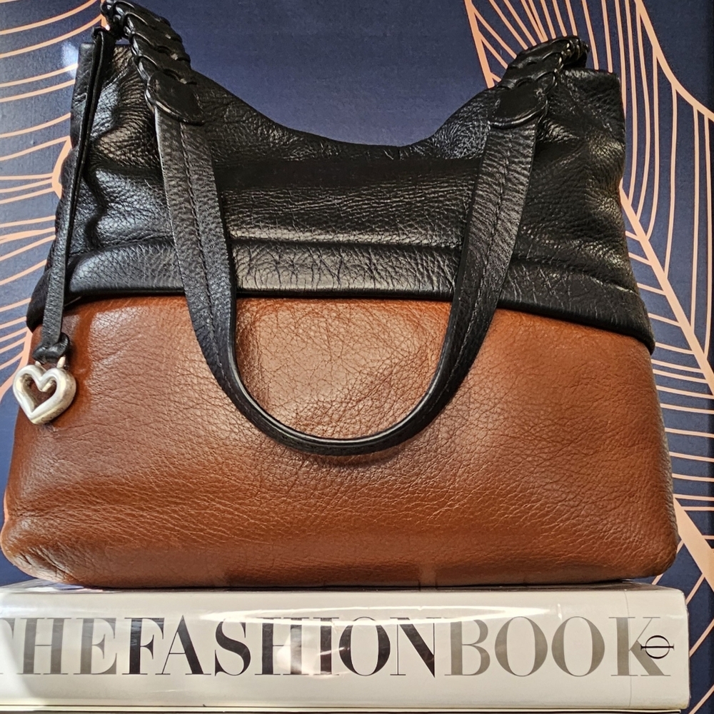 BRIGHTON BLACK BROWN LEATHER HOBO BAG